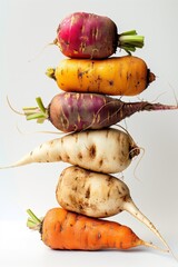 A colorful tower of various root vegetables against a white background - obrazy, fototapety, plakaty