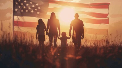 Silhouettes of family with kids on background with USA flag