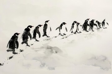 Beneath a blanket of soft snow, a group of penguins waddled in a meticulous line, their footprints a whimsical pattern on the white canvas, light water color style