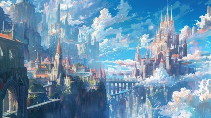 Fototapeta na wymiar Closeup of a beautifully illustrated fantasy world with intricate details and stunning scenery that bring the story to life. Animes ability to transport viewers into fantastical universes .