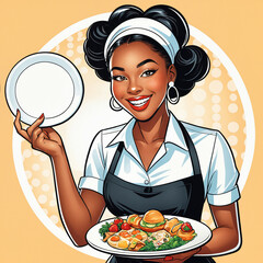 Pop art drawing, Smiling waitress with swarthy skin serving plate of food and showing clean white plate