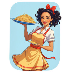 Pop Art Drawing, Smiling woman waitress serving large plate of pasta
