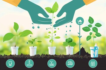 an infographic on seedling care, highlighting key practices such as watering, fertilizing, and protecting seedlings from pests and diseases. - obrazy, fototapety, plakaty