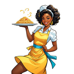 Pop art cartoon, smiling black woman waitress carrying plate with pasta, isolated on white background