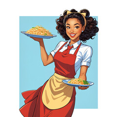 Pop Art Drawing, Smiling woman waitress carrying two large plates with pasta