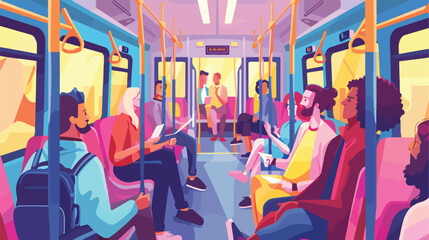 Fototapeta na wymiar Different cartoon people go by public transport vec