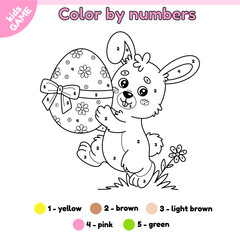 Kids Easter game Color by numbers with cartoon rabbit. Page of the coloring book. Cute hare carries Easter egg decorated with ribbon and bow. Activity book for children. Outline vector illustration.