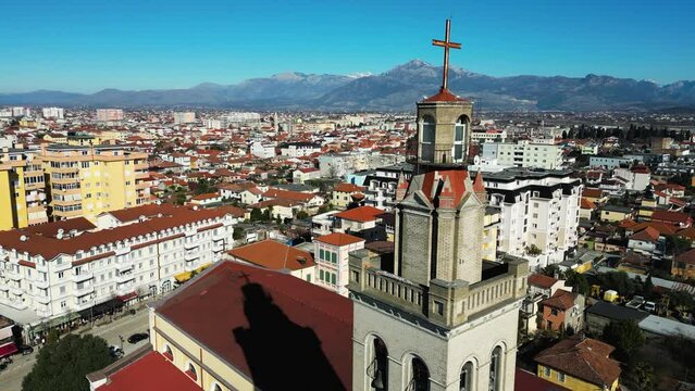 Panoramic drone video of the city of Shkoder, Albania. Video on a sunny winter day.