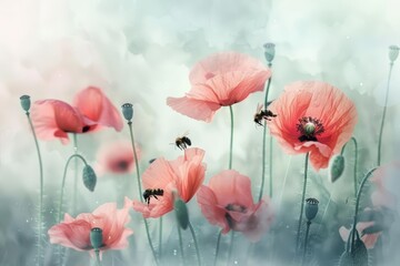 Poppies giggled as bumblebees tickled them, a lively conversation in the heart of summer, light watercolor style