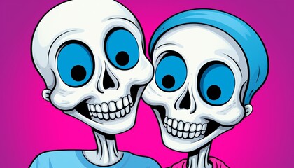 A cartoon of two skeletons with big blue eyes, wearing shirts, and smiling at each other on a pink background.