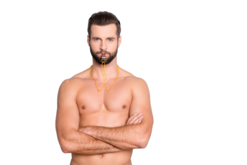 Portrait with copy space of muscular athletic man with bristle, stubble having whistle in lips and crossed hands isolated on grey background