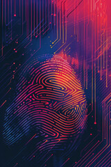 Envision a minimalist design featuring geometric shapes and vibrant colors. At the center of the composition is a stylized fingerprint or iris scan, symbolizing biometric security measures. 