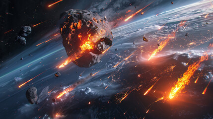 Gigantic asteroids about to crash earth 3D rendering 