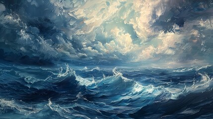 Waves danced under a stormy sky, each brushstroke a wild clash of dark blues and whites, depicting the ocean s untamed beauty - obrazy, fototapety, plakaty