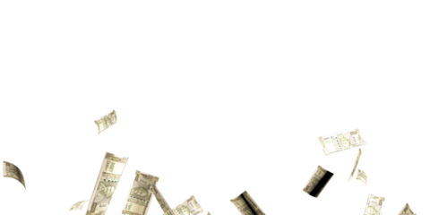 500 Indian rupee notes flying in different angles and orientations isolated on black background