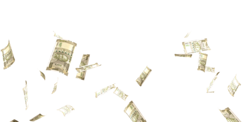 500 Indian rupee notes flying in different angles and orientations isolated on black background