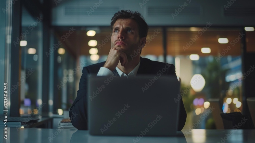 Poster a man in a suit is sitting at a desk with a laptop in front of him