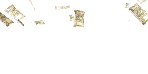 500 Indian rupee notes flying in different angles and orientations isolated on black background
