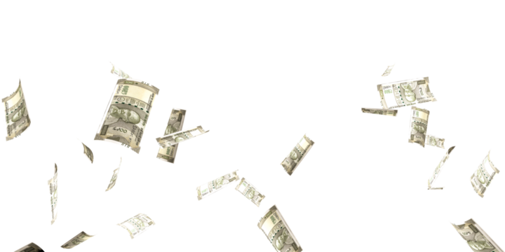 500 Indian rupee notes flying in different angles and orientations isolated on black background