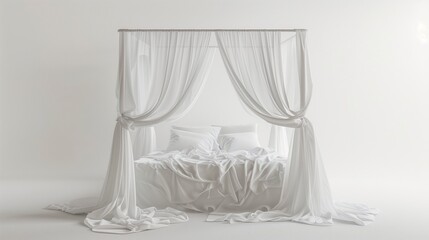 An elegant bed canopy with flowing, sheer curtains, evoking a sense of luxury and sophistication against a pure white background.