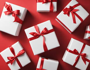 white gift boxes with red ribbons on red