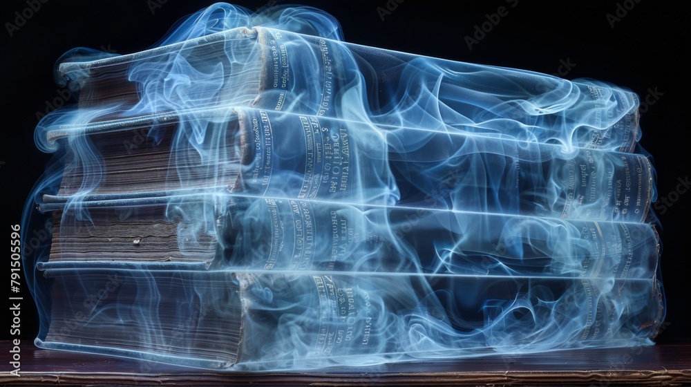 Sticker X-ray scan of a stack of books, displaying the pages and bindings.