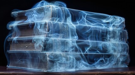 X-ray scan of a stack of books, displaying the pages and bindings. - obrazy, fototapety, plakaty