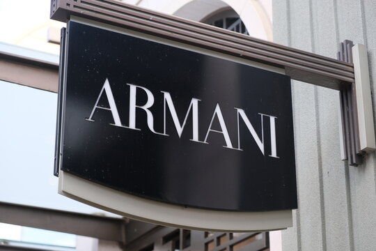 Shanghai,China-September 2nd 2023: Armani store sign company brand logo close up
