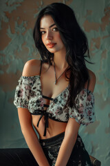 Naklejka premium Dark-haired sensual girl in revealing clothes