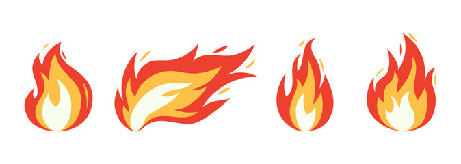 Vector bright burn flame icon set isolated on white background. Hot fire flat clipart collection. Burning fireball signs.