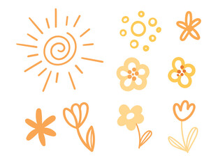 Set of simple yellow flowers with sun vector illustration isolated on white background