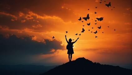 An ethereal scene captures a person releasing butterflies into the air on a mountain during a captivating sunset