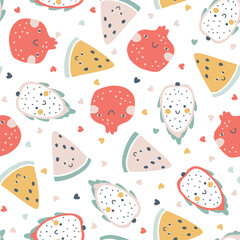 Tropical Fruit seamless pattern. Vector cartoon childich background with cute smiling fruit characters in simple hand-drawn style. Pastel colors on a white background with polka dots hearts