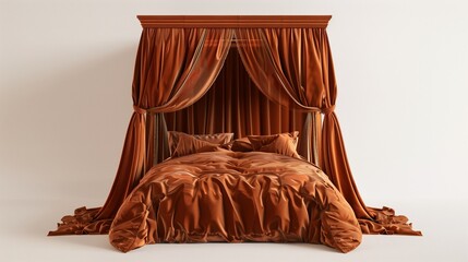 An elegant bed canopy in a rich, velvet fabric, exuding warmth and comfort against a pure white background.