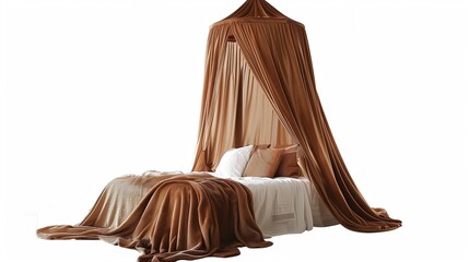 An elegant bed canopy in a luxurious, velvet fabric, exuding warmth and comfort against a pure white background.