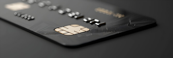 Credit card close up, Closer Up Credit card for Background Use as illustration for presentation, Black plastic card with chip on gray background 3D rendering.  - obrazy, fototapety, plakaty