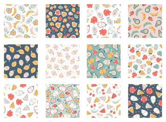 Tropical Fruit collection of seamless patterns. Vector cartoon childish background with cute smiling fruit characters in simple hand-drawn style. Pastel colors, polka dots, hearts