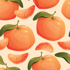 Ripe juicy whole tangerine or orange, and a slice. Vector seamless cartoon pattern with fruit citrus illustration.