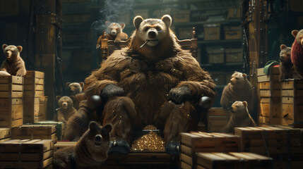 cigar-smoking bear sitting atop a throne of stacked crates, surrounded by his loyal animal underlings, showcasing the hierarchy within the animal mafia in a dynamic 3D illustration. 