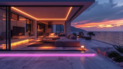 Illuminate your modern living room at night with LED strips highlighting the sofa, TV, and architectural details, creating a captivating