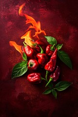 Red hot chili peppers with flames on a dark textured background