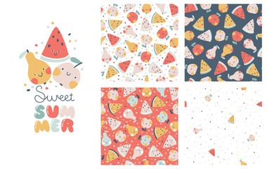 Tropical Fruit collection of seamless patterns with print composition and comic lettering. Vector cartoon childish background with cute smiling fruit characters in simple hand-drawn style