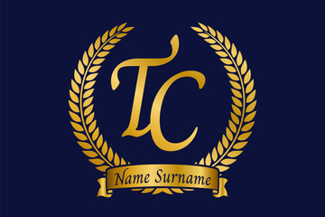Initial letter T and C, TC monogram logo design with laurel wreath. Luxury golden calligraphy font.
