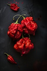 Bright red Carolina Reaper chili peppers on a dark textured surface with dramatic lighting