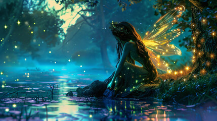 Glowing fantasy fairy with long wavy hair by the lake