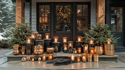 Create a modern holiday vignette on your front porch with sculptural lanterns, minimalist greenery, and sleek metallic accents for a