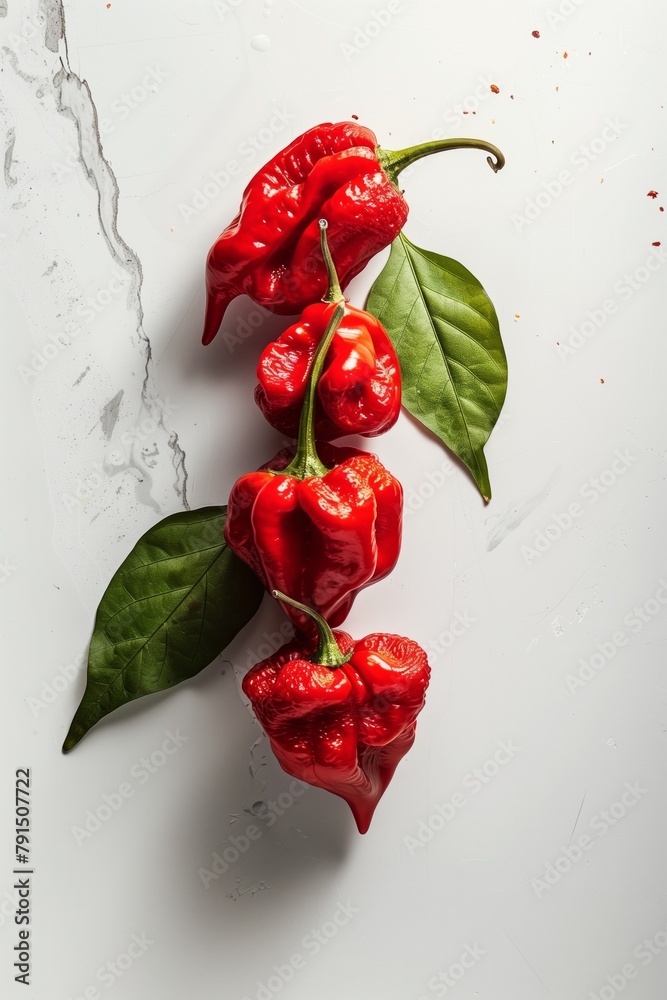 Poster Vibrant red chili peppers with fresh green leaves on a white backdrop