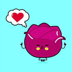 Red Cabbage doing yoga with speech bubble. Vector hand drawn cartoon kawaii character illustration icon. Isolated on blue background. Red Cabbage in love character concept