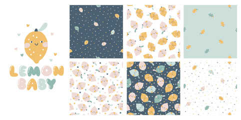 Lemons faces seamless patterns set with print in pastel palette. Vector naive hand drawn illustration of cute characters on polka dot background. for baby textiles, wallpaper, fabric, scrapbooking