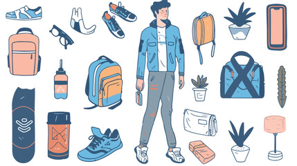 Man and lifestyle items icons. Hand drawn style vector